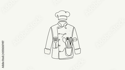 Quadro su tela Minimalist continuous line drawing of a professional chef uniform with kitchen tools