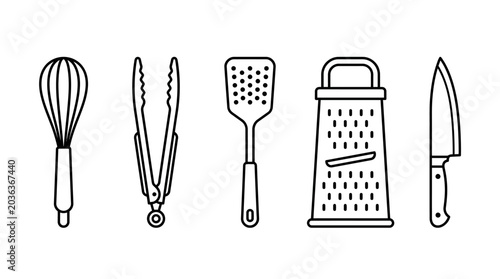 Bild auf Leinwand Set of kitchen utensils line art icons.