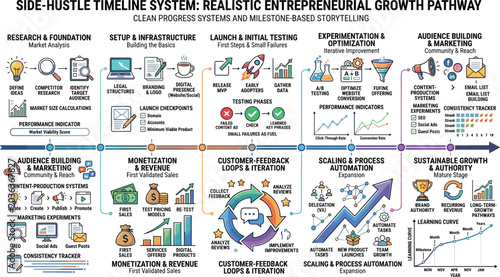 Canvastavla Side hustle timeline system vector infographic with entrepreneurial growth pathw