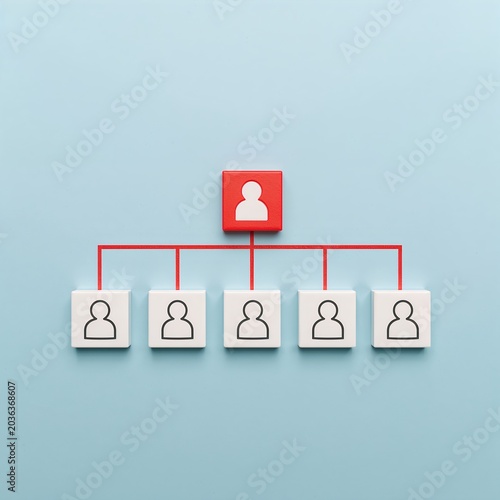 An organizational chart with a red square at the top, representing leadership, with five white squares below, signifying team members