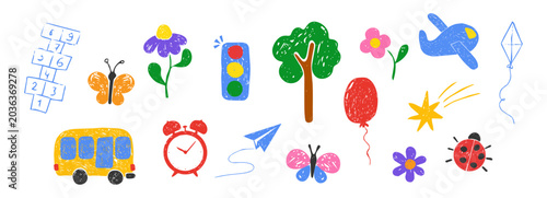 Chalk scribble set childlike elements, crayon pencil kindergarten doodle icons. Preschool transport, bug, stars, flowers, games in sketch style