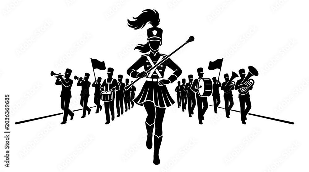 Fotografie Majorette leads marching band performance.
