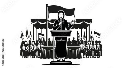 Obraz na płótnie Woman Speaking at a Podium Outdoors.