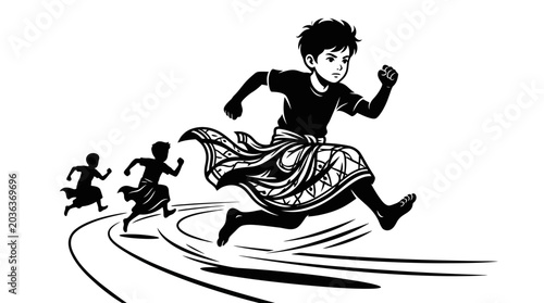 Photos Children Running Fast in Cartoon Style.