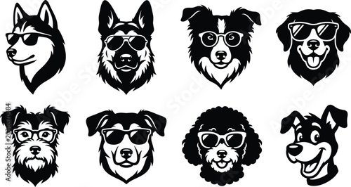 Photos Vector set of cute dog breed heads wearing sunglasses and eyeglasses for hipster t-shirt designs pet logos and sticker packs