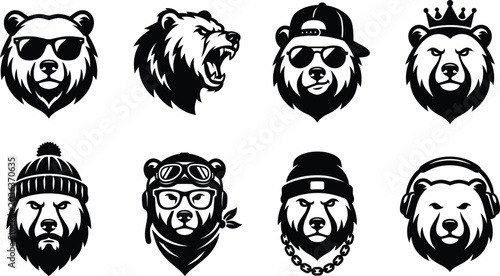 Cool bear head mascot silhouette set with different hats sunglasses headphones and angry roaring expressions vector illustration.
