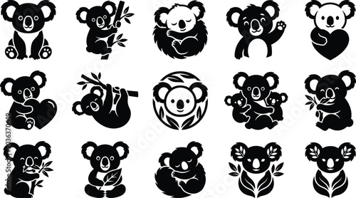 Photography Cute koala bear silhouette collection featuring cartoon characters climbing trees eating eucalyptus and sleeping isolated on white vector illustration