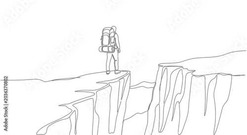 Foto Minimalist line art illustration of a lone backpacker standing at a cliff edge
