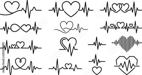 Obraz na płótnie Heartbeat line with heart shape icon set for medical, health, romance, love, and wedding design concept
