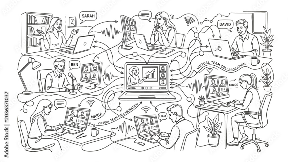 Fototapeta premium Virtual Team Meeting Minimalist Continuous Line Art Illustration