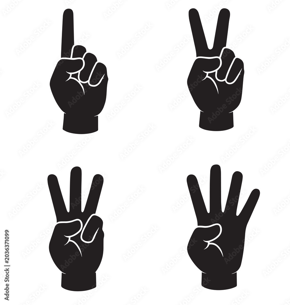 Fototapeta premium Counting hand silhouette icons with raised fingers from one to four
