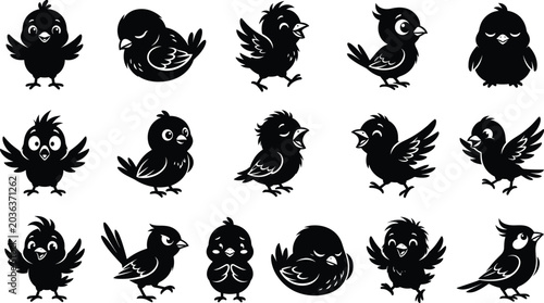 Photos Cute cartoon bird silhouettes vector set featuring fifteen unique little chicks with different expressions and playful flying poses