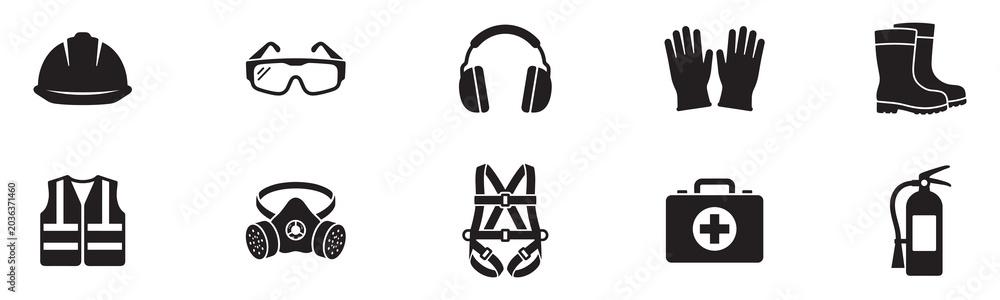Fototapeta premium Protective equipment icon set. Personal protective equipment icon set. PPE safety gear symbol. Industrial work protection, health and hazard control sign. Vector illustration