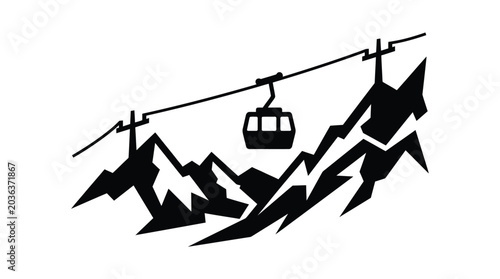 Schilderij op canvas Ski Lift And Mountain Silhouette Against A White Background
