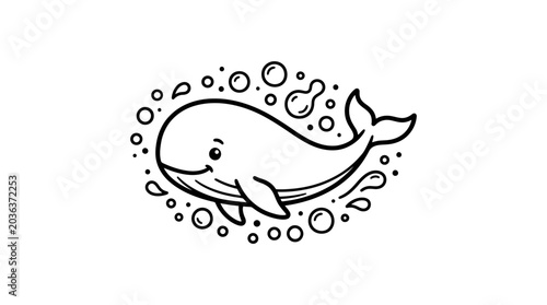 Whale cartoon swimming in water.