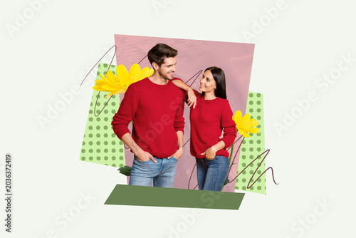 Schilderij op canvas Collage of romantic couple in love on date hearts abstract elements valentine an