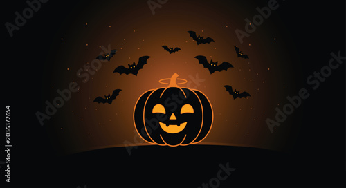 Spooky Halloween dark background design featuring glowing pumpkin jack o lantern with flying bats and eerie orange night atmosphere in modern vector illustration style.