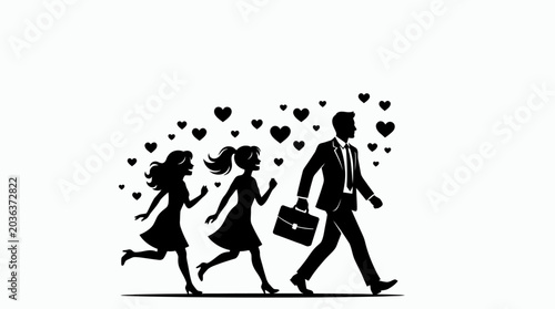 Foto Silhouette illustration of a businessman walking with two women chasing him surrounded by hearts