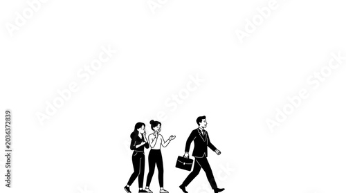 Foto A business man walking past two whispering female office colleagues
