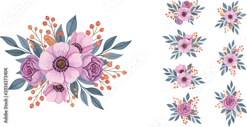 Foto Vector set of pink and purple floral bouquet arrangements with roses, anemones,