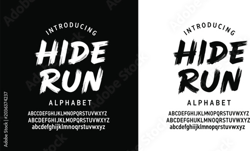 Hide Run brush font, bold alphabet design, artistic lettering style, uppercase lowercase variations, modern typography artwork, creative vector illustration set