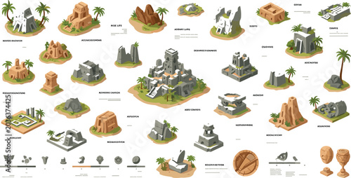 Tableau sur toile Isometric fantasy island environment vector collection with desert ruins tropica