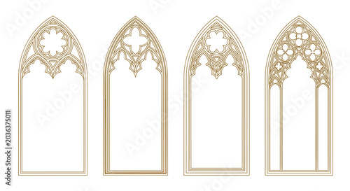 Set of four decorative arched frames with intricate gothic-inspired details and a subtle pixelated texture, golden brown outlines on a white
