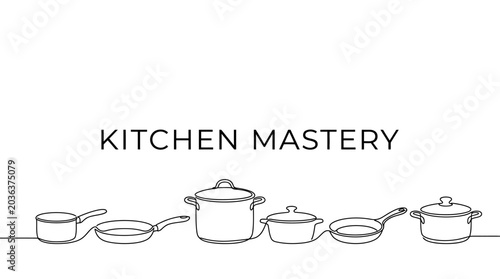 Photos Continuous line drawing of kitchen cookware set with Kitchen Mastery text