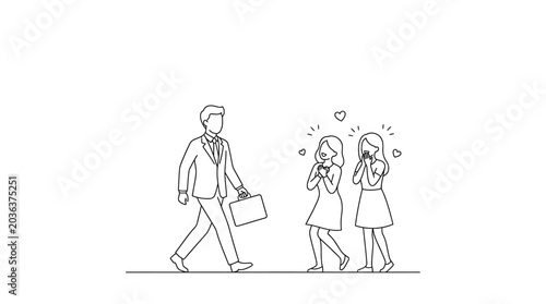 Cuadro en lienzo Line art illustration of a man walking past two admiring women.
