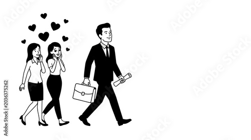 Foto Cartoon drawing of women admiring a businessman walking by.