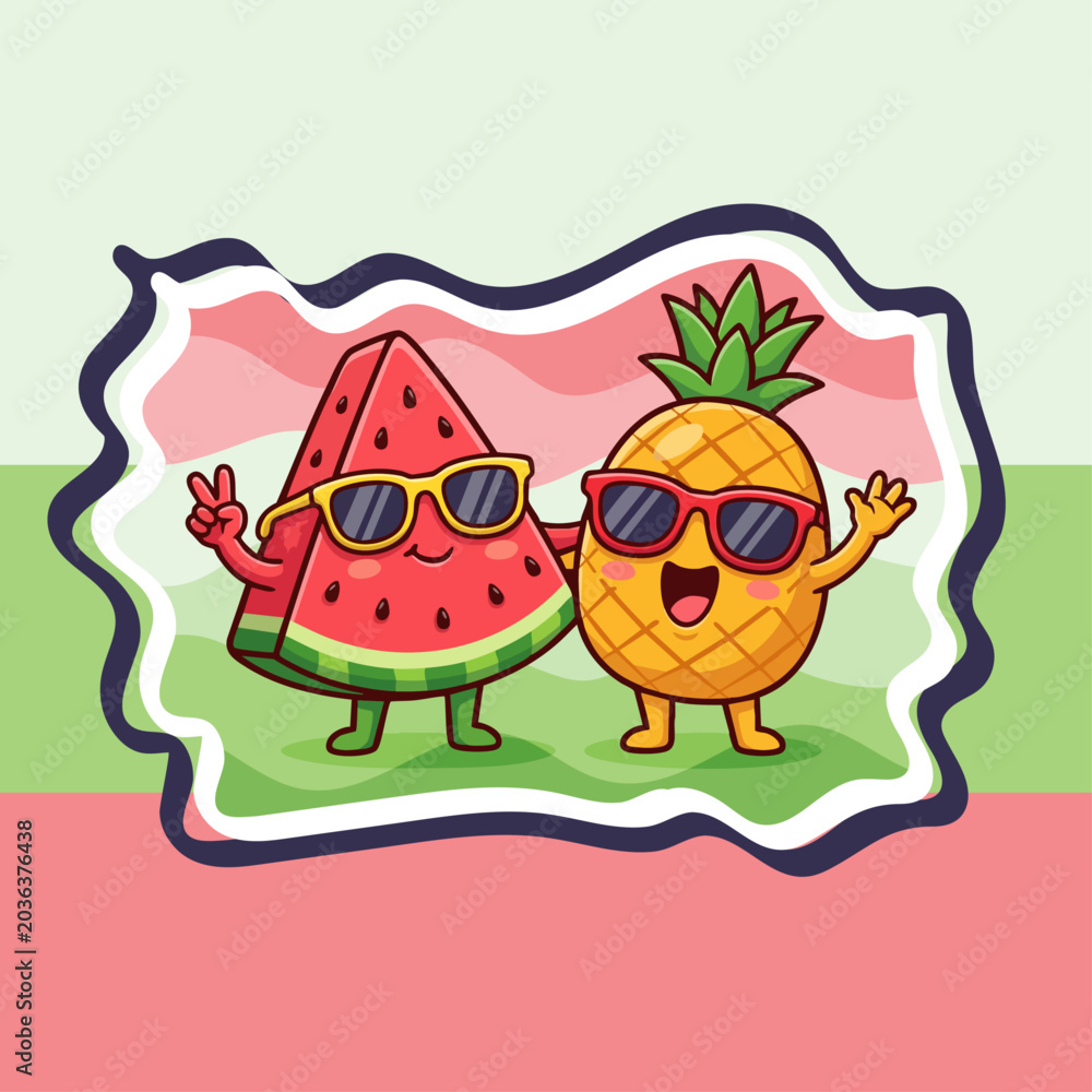 Naklejka premium Summer theme banner concept. Cute watermelon, pineapple cartoon characters wearing sunglasses. Creative summer banner design featuring funny tropical fruit friends vector illustration, copy space