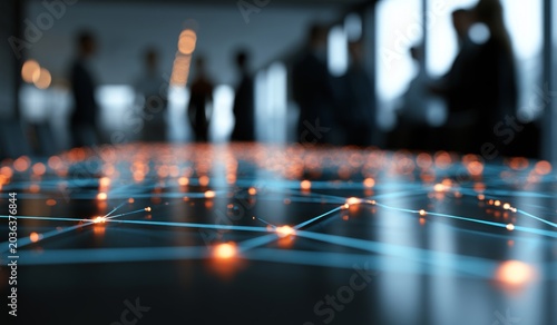 Digital network connection points in foreground with bokeh of business people meeting in background, technology and communication concept.