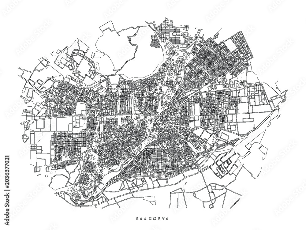 Obraz premium Nagoya Japan Street Map City Plan Vector Streets Metropolitan Cartography Black White Linework Navigation Detailed Urban Road Network Geography Blueprint