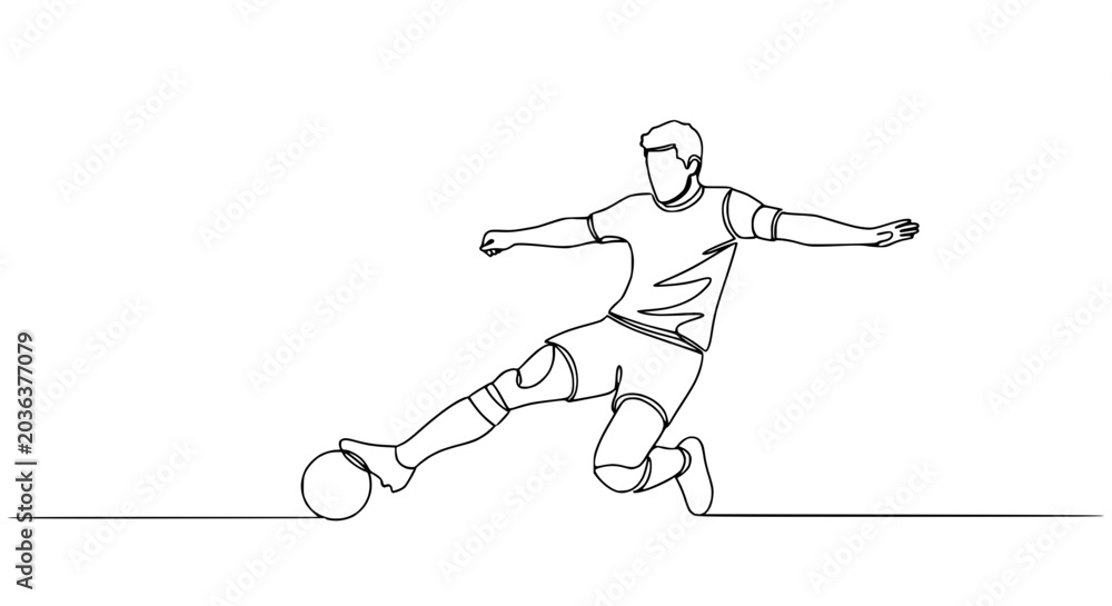 Fototapeta premium Continuous line drawing of a soccer player kicking a ball, dynamic action, minimalist style