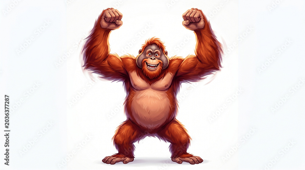 Fototapeta premium A cartoon orangutan with its fists raised in a powerful stance isolated on white background