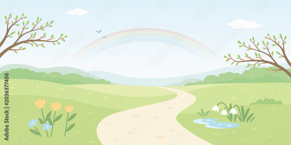 Obraz premium Spring Landscape Vector Illustration. Pastel Nature Background With Winding Path Trees Meadow and Rainbow. Cute Countryside Scenery for Seasonal Design. Children Background, Horizontal Banner
