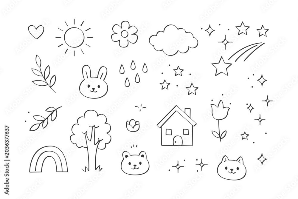 Obraz premium A collection of charming hand-drawn doodle illustrations featuring various elements like the sun, clouds, animals, and nature