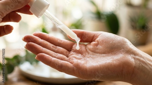 Close up of a dropper held above a palm, releasing a clear liquid as the background stays softly blurred with natural greenery.