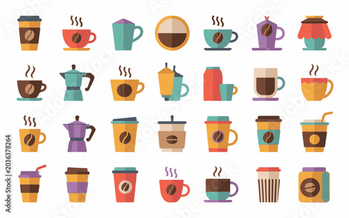 Colorful flat of coffee cups, mugs, and drinks in various styles