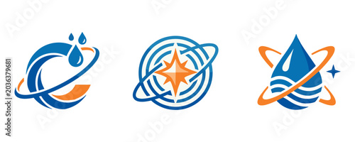 Abstract Water and Orbit Cleaning Logo Icons Set with Modern Wave, Star and Droplet Vector Emblems