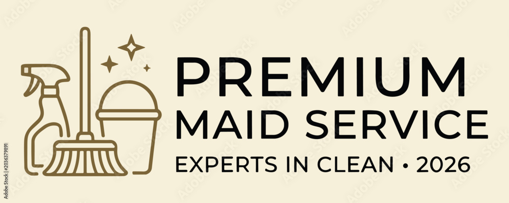 Obraz premium Premium Maid Service Logo with Cleaning Spray Bottle, Mop and Bucket Minimal Line Art Vector Design