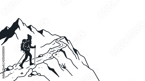 Bild auf Leinwand A solitary hiker trekking up a steep mountain path illustration.