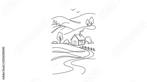 Hand drawn outline sketch of a small country cottage in a scenic landscape.
