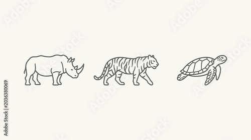 Foto Minimalist outline drawing of rhinoceros tiger and sea turtle.