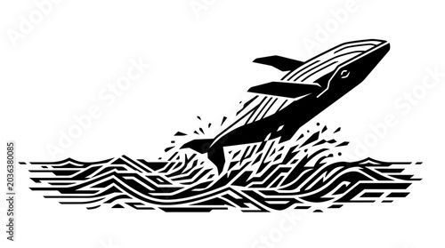 Black and white woodcut illustration of a jumping humpback whale.