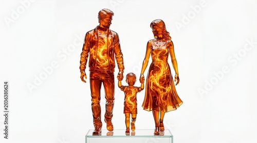 Amber glass family sculpture, translucent orange figurines of parents and child holding hands, glowing resin art of a young family
