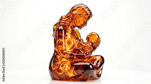 Amber glass sculpture of mother and child, translucent orange resin figurine of woman holding baby, artistic motherhood statue with warm fire glow