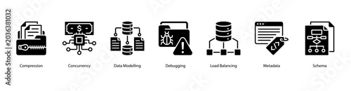 Fotografi Data Architecture web banner icon vector illustration featuring Compression, Concurrency, Data Modelling, Debugging, Load Balancing, Metadata, and Schema