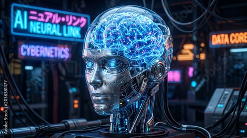 The setting looks like a high-tech laboratory or a cybernetics workshop, filled with complex wiring, cables, and machinery.