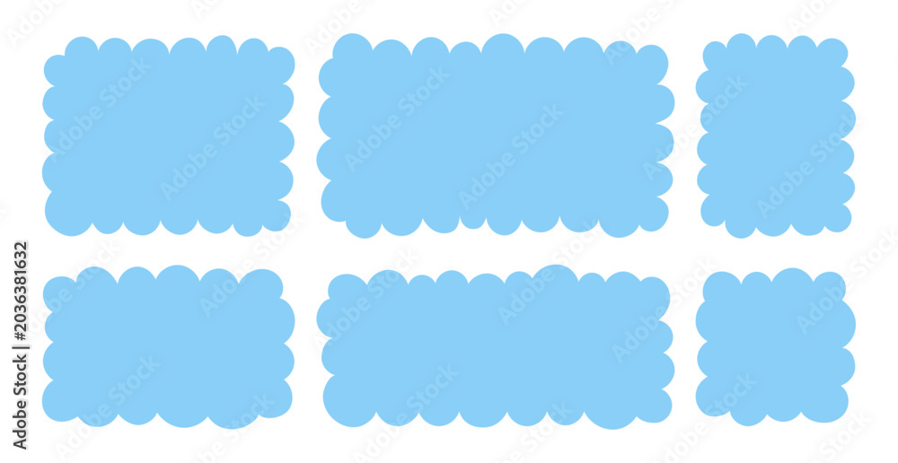 Fototapeta premium Fluffy label set with soft cloudy edges. Blue rectangular and square frames, wavy badge shapes.